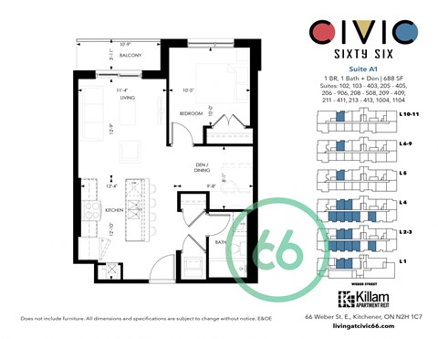 1 Bedroom + Den + 1 Bath 688 SF