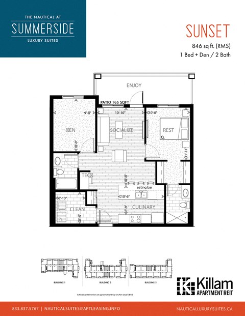 Sunset | 1 Bed + Den | 2 Bath 846 Sq Ft. Floor Plan