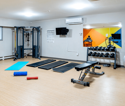 A gym with a variety of equipment including a bench press, a squat rack, and a rowing machine.