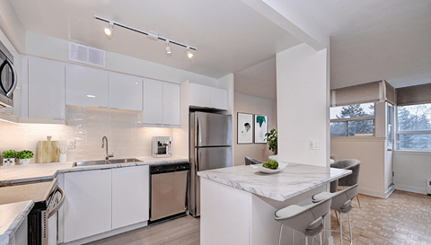 a kitchen with white cabinets and stainless steel appliances and a marble counter top