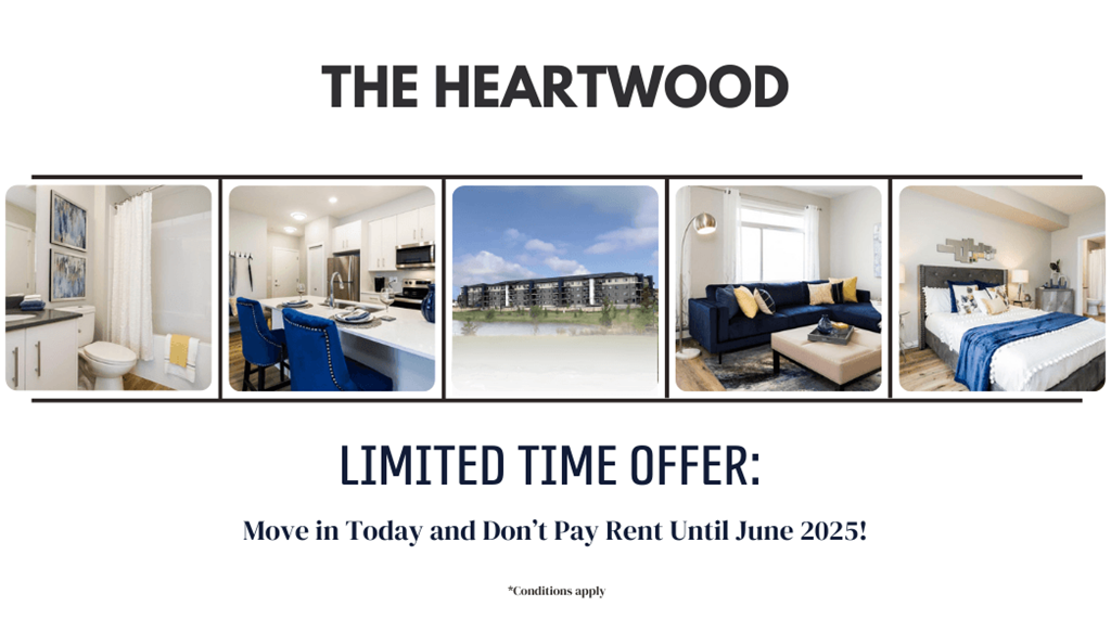 A series of images showcasing different rooms in a property called The Heartwood, with a promotional offer to move in and not pay rent until June 2025.
