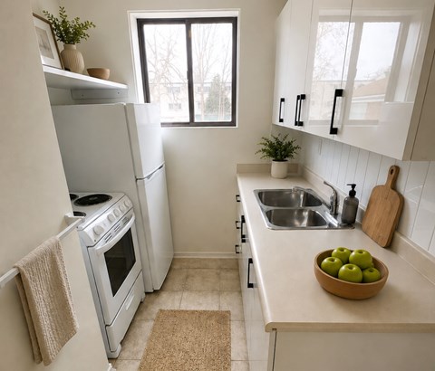 A kitchen with a white oven and white cabinets.