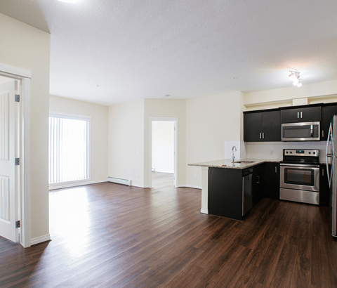 A kitchen with black cabinets and stainless steel appliances.
