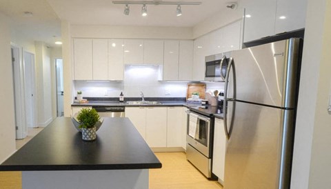 A kitchen with a black counter top and stainless steel appliances.