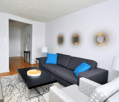 A living room with a grey couch and a black coffee table.