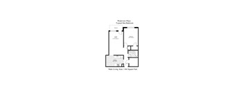 A black and white image of a floor plan for a Waterview Place typical one bedroom apartment.