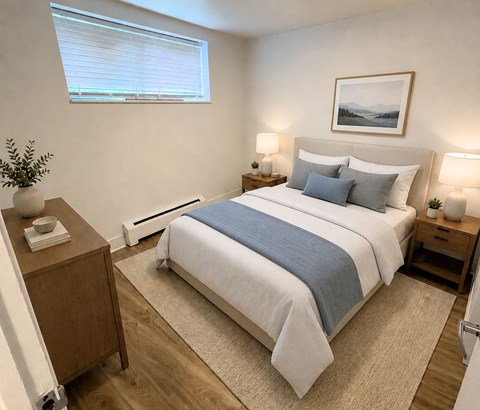 A bedroom with a large bed and a painting on the wall.