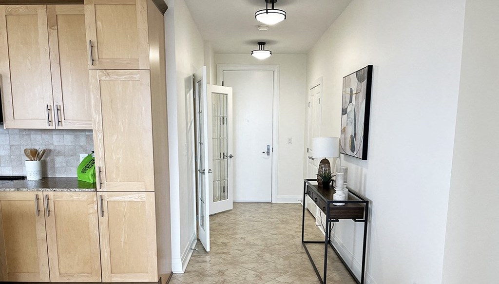 a view of a kitchen and a hallway with a door to a closet
