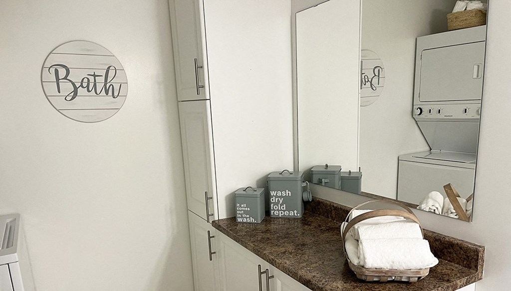 a bathroom with a counter top and a mirror