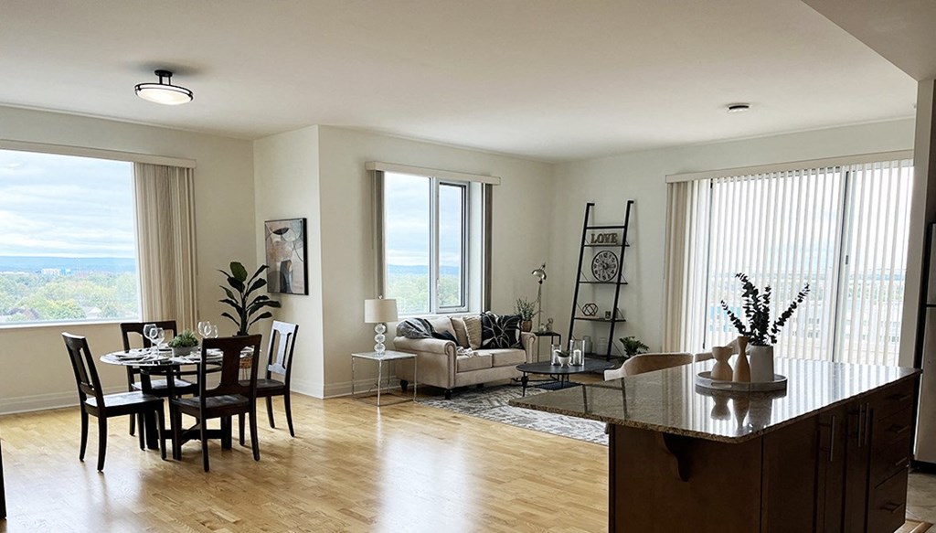 the living room and dining room of an apartment