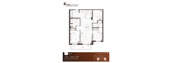 A floor plan for William's Court, Kanaiau Lakes Apartments, showing a 2 bedroom, 2 bathroom, den apartment with a balcony.