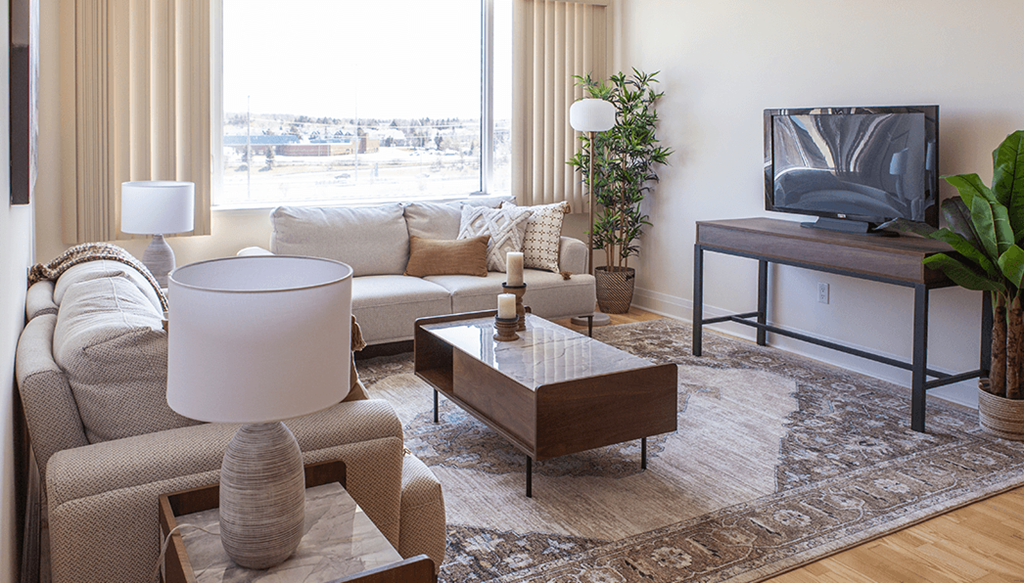 a living room with a couch and a table and a television