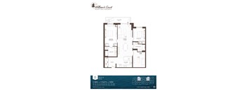 A floor plan for William's Court Kanaiau Lakes Apartments showing a 2 bedroom, 2 bathroom, den apartment.