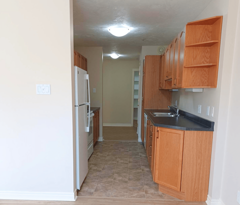 A kitchen with a white refrigerator and wooden cabinets.