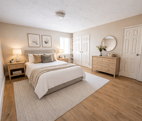 A bedroom with a large bed, a nightstand with a lamp, and a dresser with a mirror.