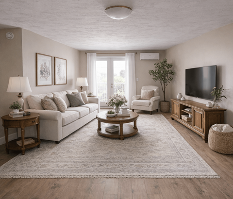 A well-lit living room with a large couch, a coffee table, and a flat-screen TV.