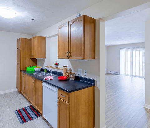 A kitchen with wooden cabinets and a black countertop.