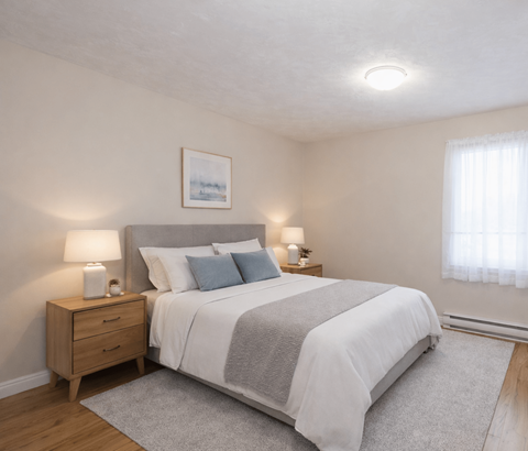 A bedroom with a bed, nightstand, and lamp.