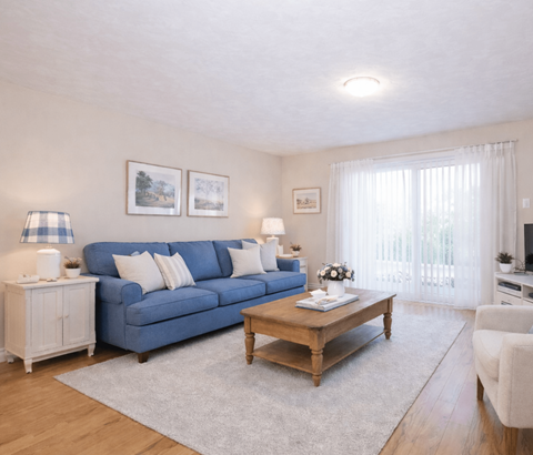 A living room with a blue couch, a wooden coffee table, and a white chair.