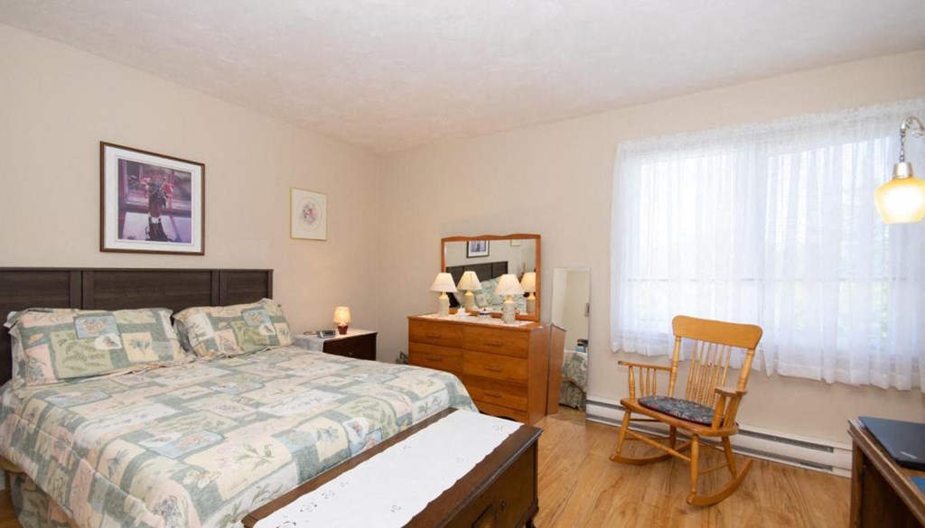 a bedroom with a bed and a dresser and a window