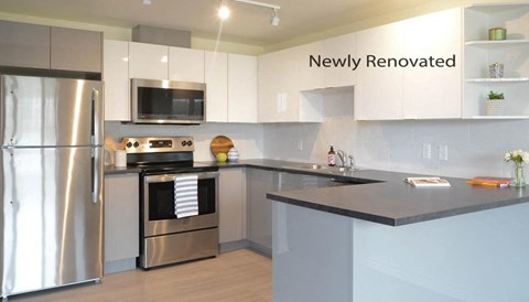 a kitchen with stainless steel appliances and a counter top