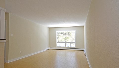 Empty room with a window and wooden flooring.