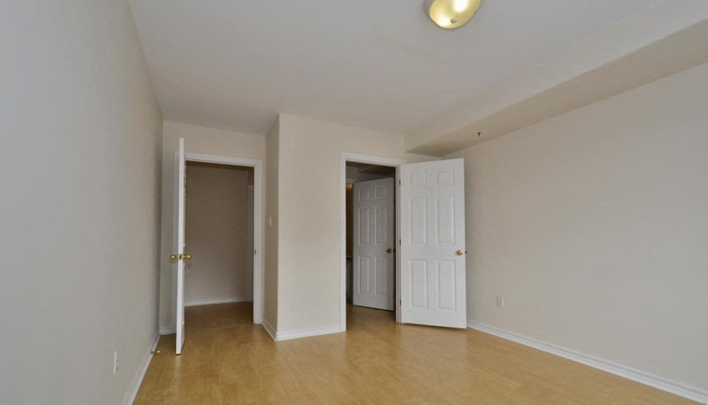 A room with white walls and wooden flooring, with two doors open.