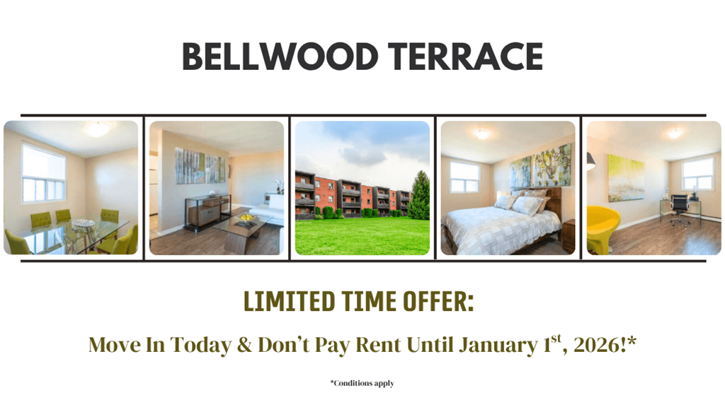 A promotional image for Bellwood Terrace, showcasing the interior and exterior of the apartments.