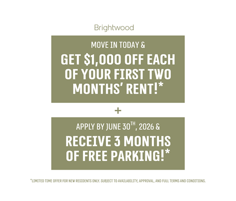 Brightwood offers $1,000 off the first two months' rent and 3 months of free parking for new residents.