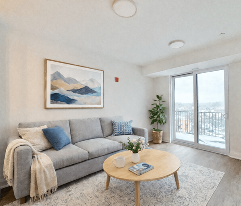 A living room with a grey couch, a coffee table, and a painting on the wall.