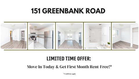 A real estate advertisement for 151 Greenbank Road offering a first month rent-free deal.