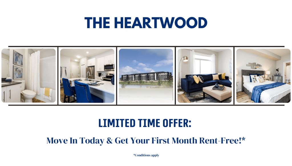 A series of images showcasing different rooms in a property called The Heartwood, with a promotional offer for a free first month's rent.