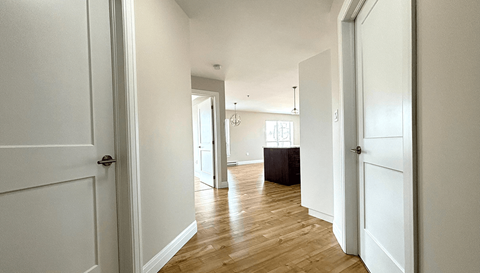 a pass through view of a living room and hallway with wood floors and white walls