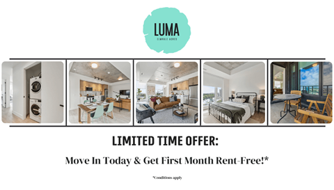 A series of images showcasing different rooms in a property with a sign offering a limited time rent-free offer.