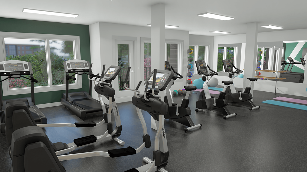 a rendering of a gym with cardio machines and weights