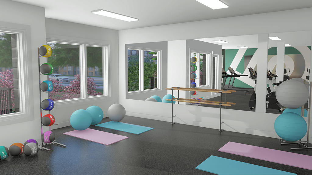a rendering of a fitness room with yoga mats and exercise equipment