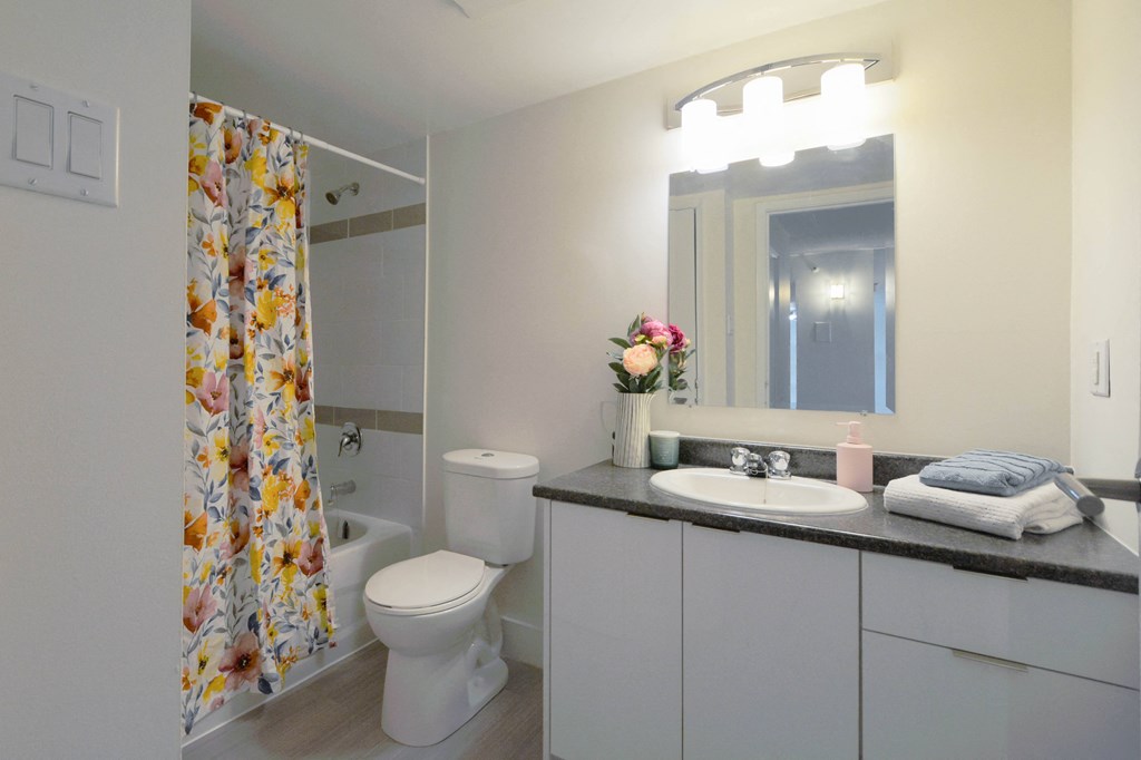 a bathroom with a shower curtain and a toilet and sink