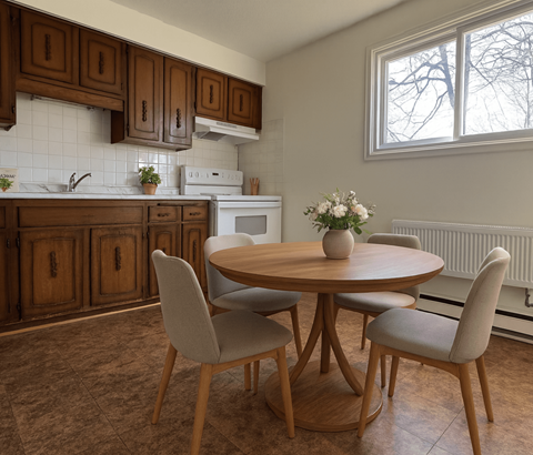 A kitchen with brown cabinets and a white oven.