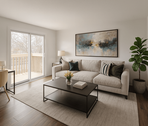 A living room with a white couch, a coffee table, and a painting on the wall.