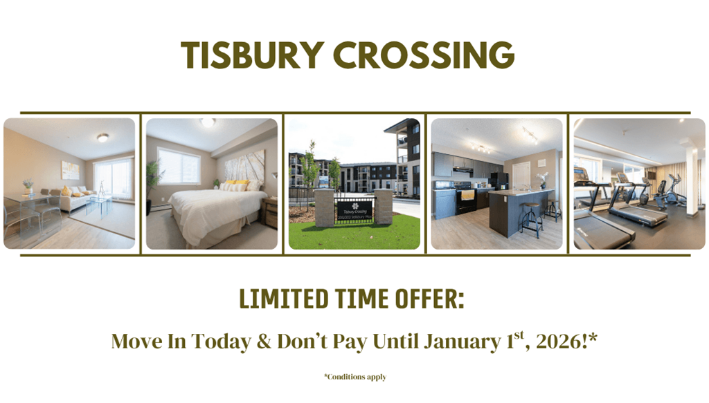 A promotional image for Tisbury Crossing with a limited time offer to move in and not pay until January 1st, 2026.