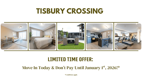A promotional image for Tisbury Crossing with a limited time offer to move in and not pay until January 1st, 2026.