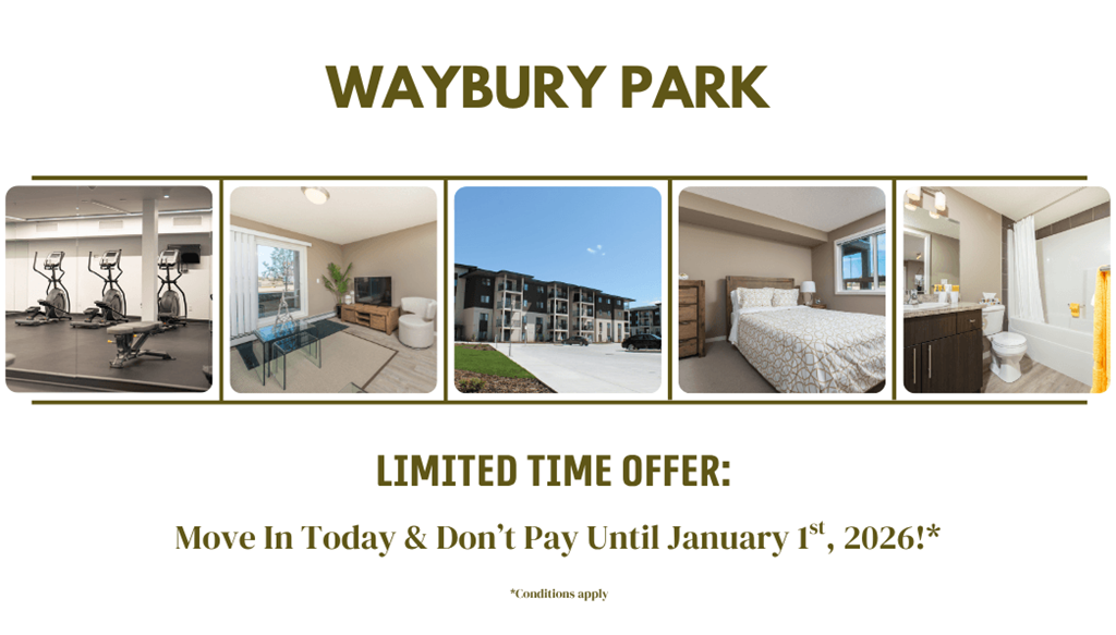 A promotional image for Waybury Park with a limited time offer to move in and not pay until January 1st, 2026.