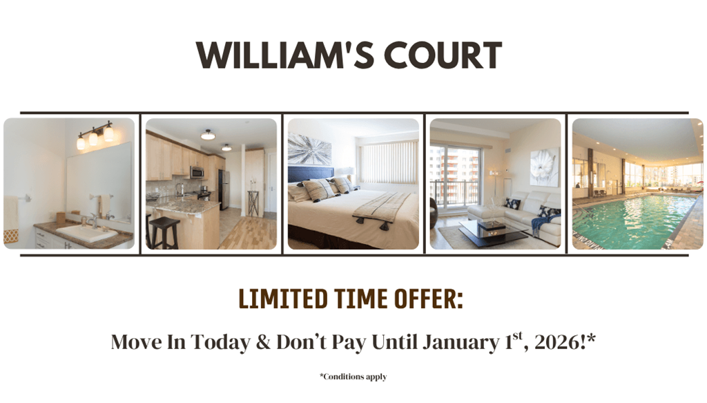 A real estate advertisement for William's Court showcasing various rooms of a property with a limited time offer to move in.