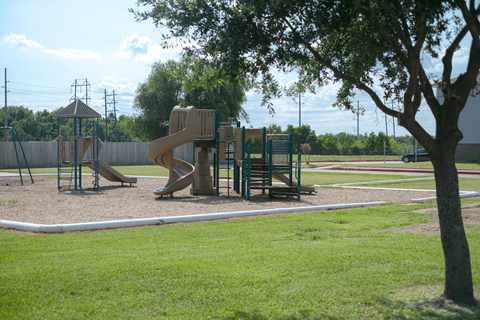 a playground with a slide in a park
