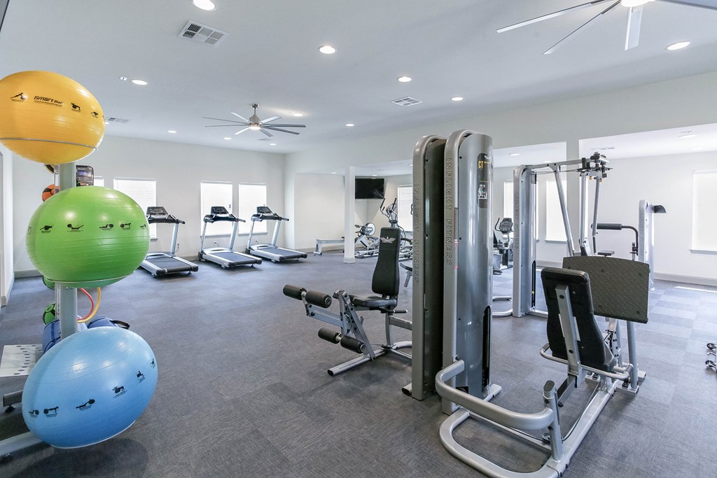 a large fitness room with treadmills and other exercise equipment