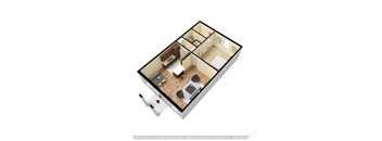 A 3D floor plan of a house with a kitchen, living room, and two bedrooms.