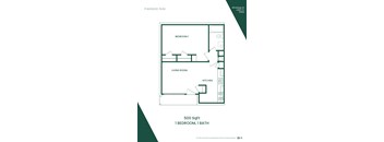 A floor plan of a 500 square foot studio apartment with one bedroom and one bath.