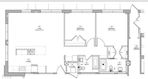 A floor plan of a house with a kitchen, living room, and bathrooms.