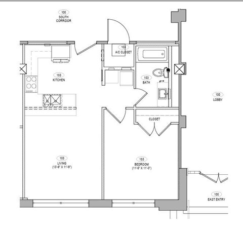 A floor plan of a house with a living room, kitchen, bathroom, and bedroom.
