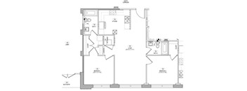 A floor plan of a house with a kitchen, living room, and two bathrooms.